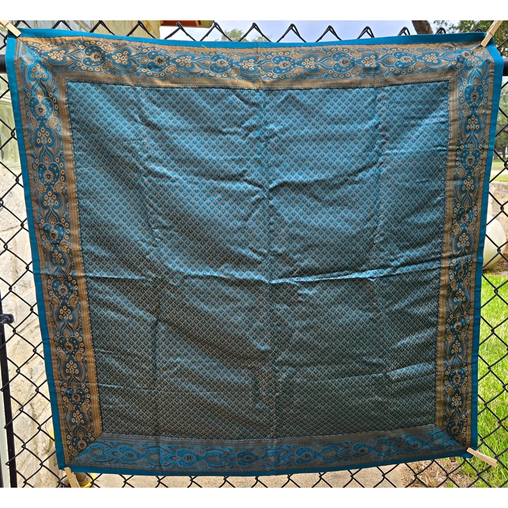 Teal Banarasi Brocade Silk Table Overlay Accent Throw 36x36 Luxury Altar Cloth